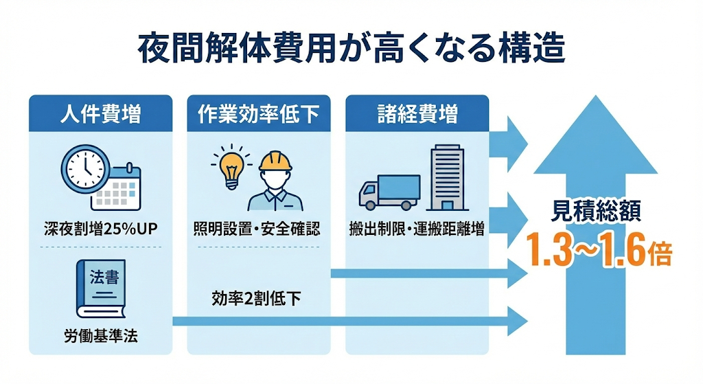 ◆夜間解体費用が高くなる理由の構造図
