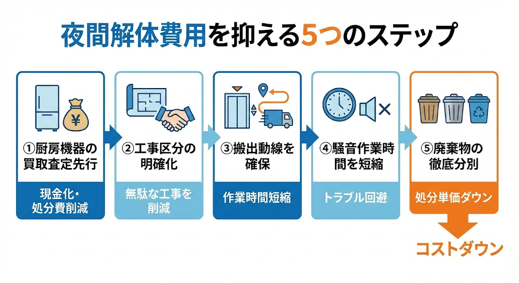 ◆夜間解体費用を抑えるための5つのステップの概要図