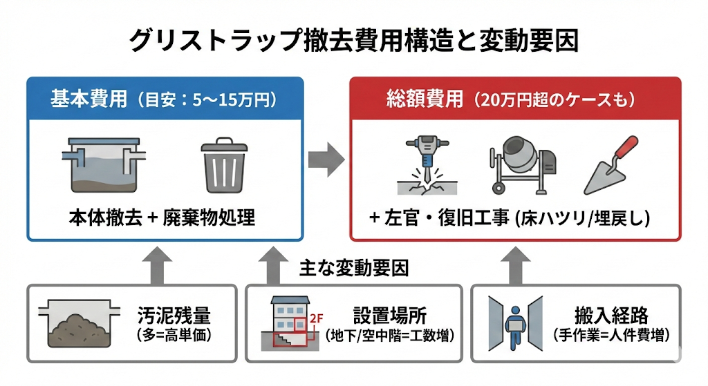 ◆グリストラップ撤去の費用相場と変動要因の概要図