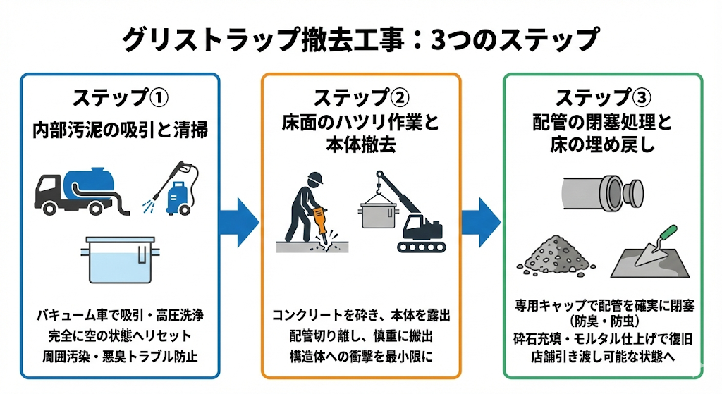 ◆グリストラップ撤去工事の流れの概要図
